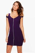 Boohoo Vita Cold Shoulder Zip Through Bodycon Dress Grape