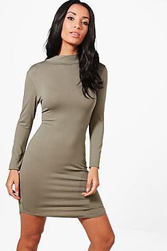 Boohoo Reeva High Neck Curved Hem Bodycon Dress
