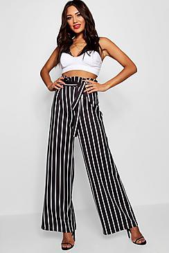 Boohoo Stripe Paperbag Detail Waist Wide Leg Trouser