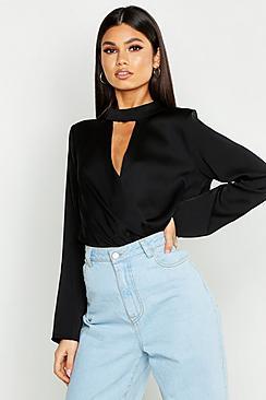 Boohoo Satin Choker Wrap Front Top