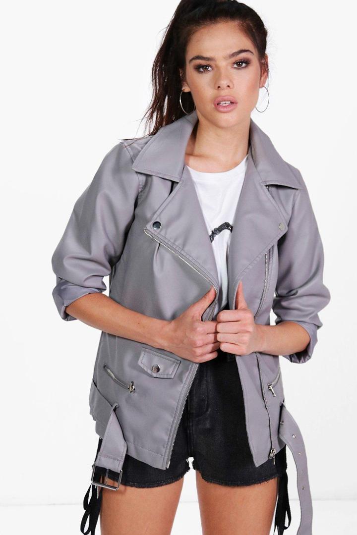 Boohoo Petite Brooke Longline Pu Biker Jacket Grey