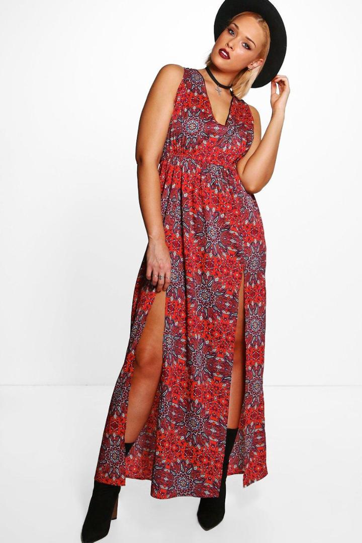 Boohoo Plus Emily Western Paisley Printed Maxi Dress Red