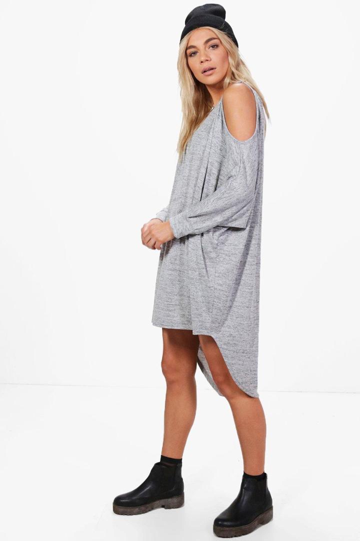 Boohoo Kelly Cold Shoulder Knitted T-shirt Dress Grey