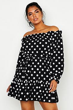 Boohoo Plus Off Shoulder Polka Dot Ruffle Skater Dress