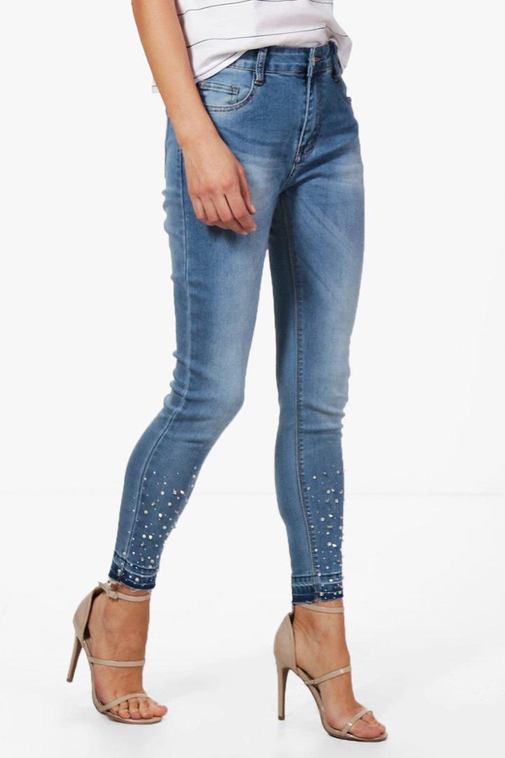 Boohoo Molly Mid Rise Jewel Embellished Skinny Jeans Blue