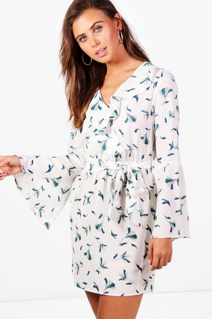Boohoo Petite Kate Floral Wrap Front Woven Dress White