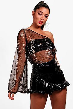 Boohoo Leora One Shoulder Star Glitter Extreme Flare Crop
