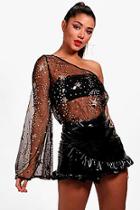 Boohoo Leora One Shoulder Star Glitter Extreme Flare Crop