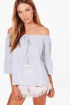 Boohoo Lillian Stripe Pom Pom Trim Off The Shoulder Top