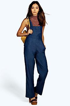 Boohoo Rachel Denim Wide Leg Dungaree Jumpsuit