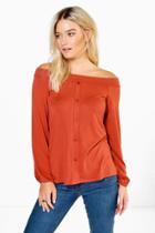 Boohoo Enya Button Detail Bardot Top Rust