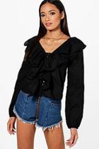Boohoo Sadie Plunge Lace Up Woven Ruffle Blouse