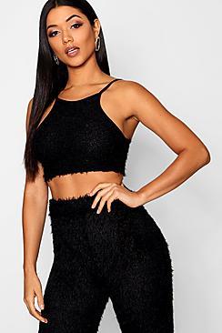 Boohoo Fluffy Knit Racer Neck Crop Top