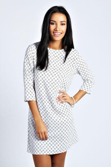Boohoo Grace Shadow Spot 3/4 Sleeve Shift Dress - Cream