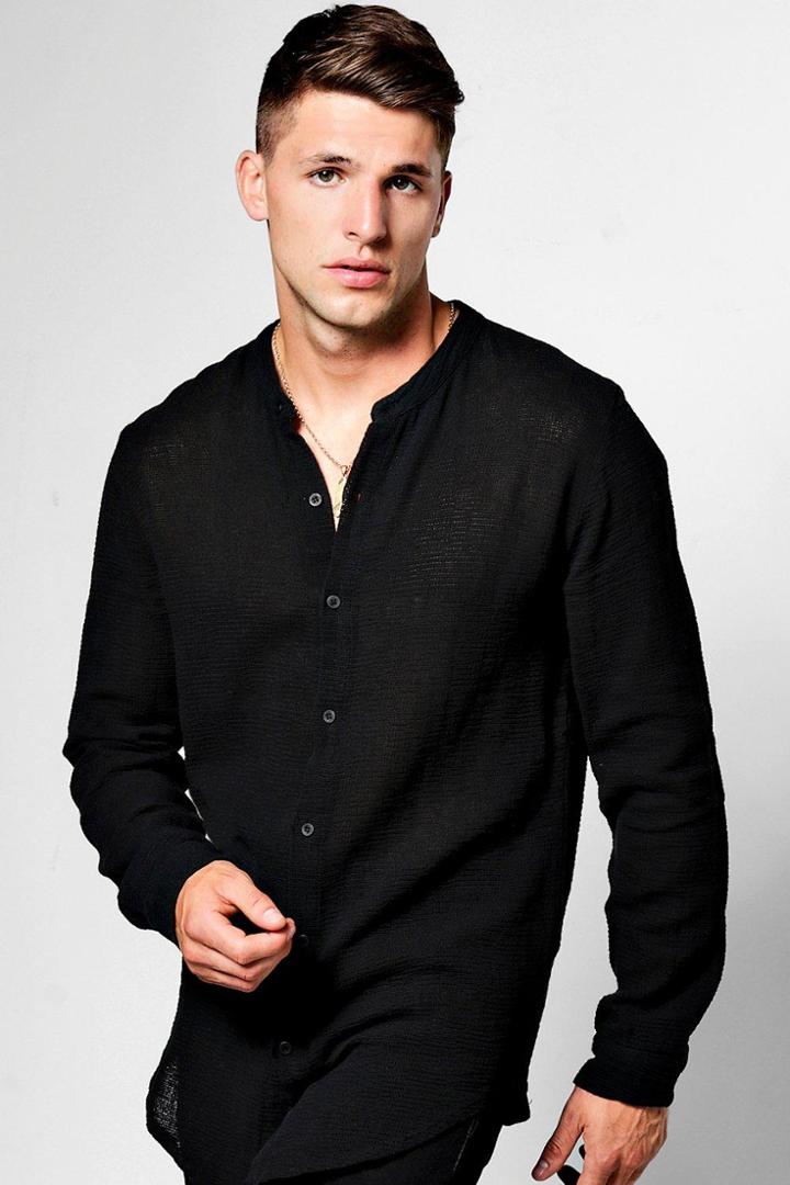 Boohoo Long Sleeve Button Linen Blend Knitted Shirt Black