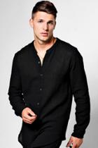 Boohoo Long Sleeve Button Linen Blend Knitted Shirt Black