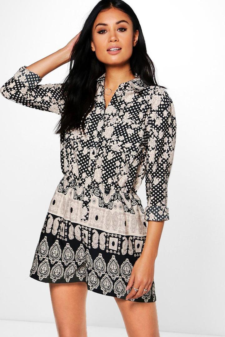 Boohoo Sophie Multi Print Shirt Style Playsuit Multi