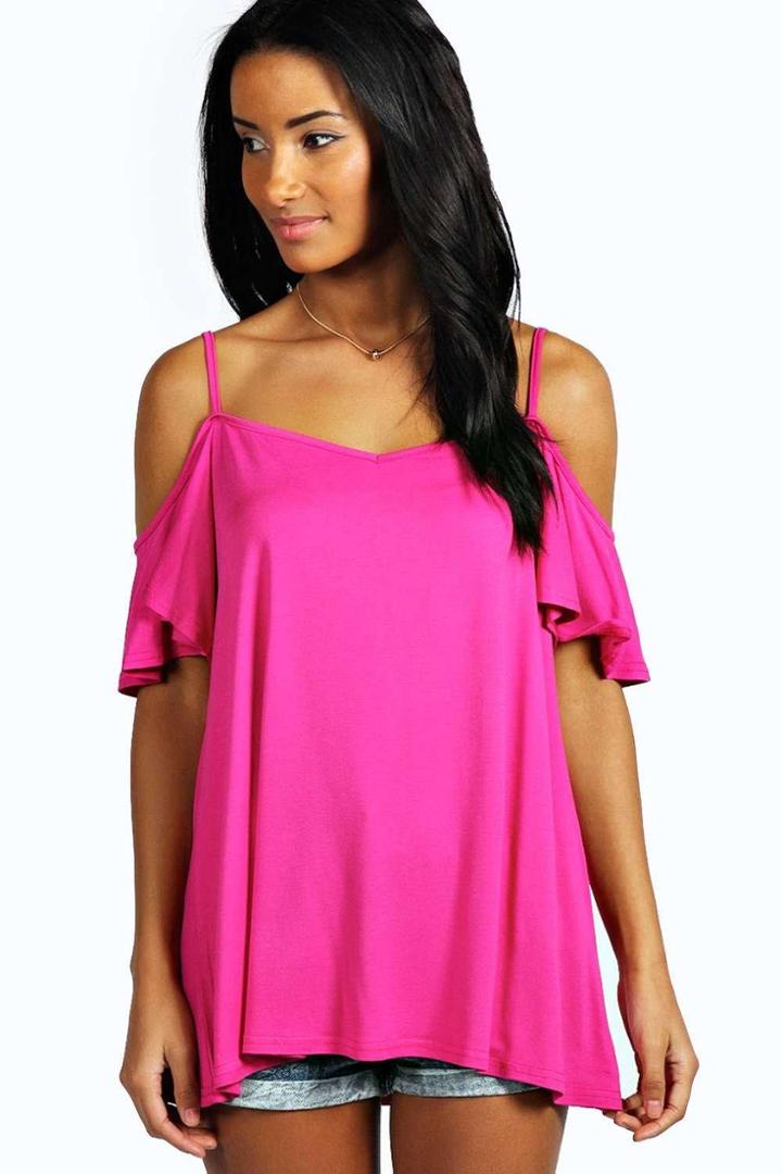Boohoo Lola Frill Cold Shoulder Swing Top Raspberry