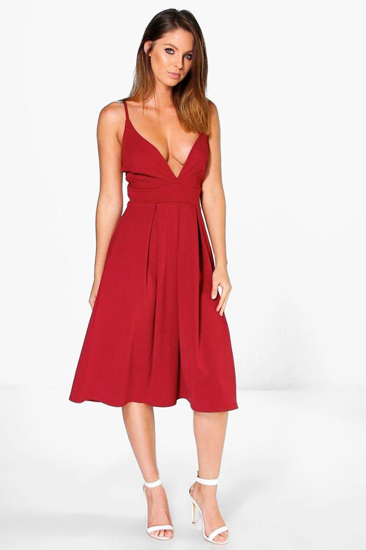 Boohoo Ash Plunge Neck Full Skirt Midi Skater Dress Ruby