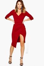 Boohoo Cat 3/4 Sleeve Wrap Detail Crepe Midi Dress Berry