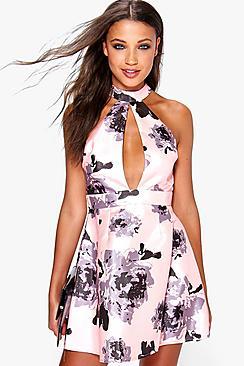 Boohoo Sarah High Neck Satin Floral Skater Dress