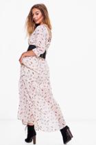 Boohoo Petite Jennifer Floral Cage Back Maxi Dress Nude