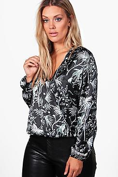 Boohoo Plus Willow Satin Printed Wrap Front Blouse