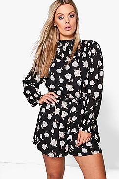 Boohoo Plus Millie Floral High Neck Playsuit