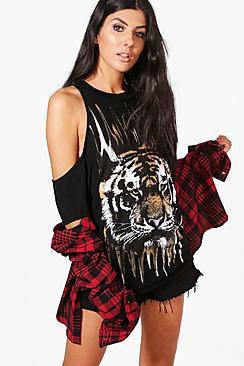 Boohoo Hollie Tiger Print Cold Shoulder Top