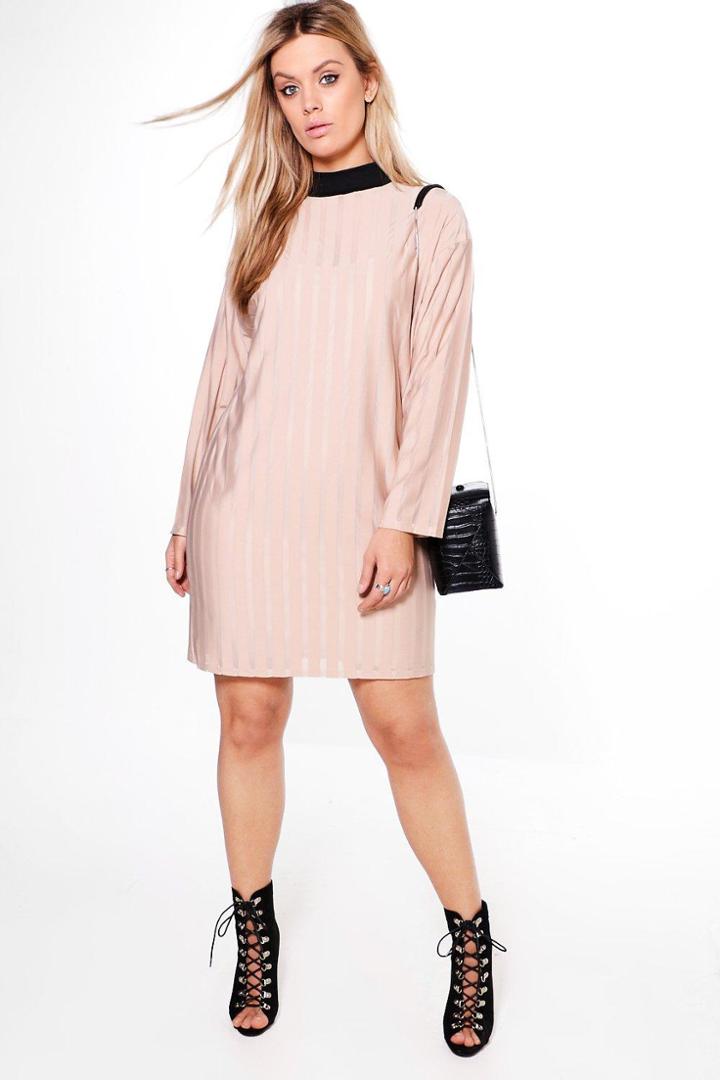 Boohoo Plus Olivia Sheer Stripe High Neck Shift Dress Nude