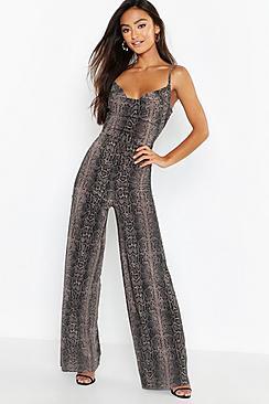 Boohoo Petite Snake Print Cowl Neck Slinky Jumpsuit