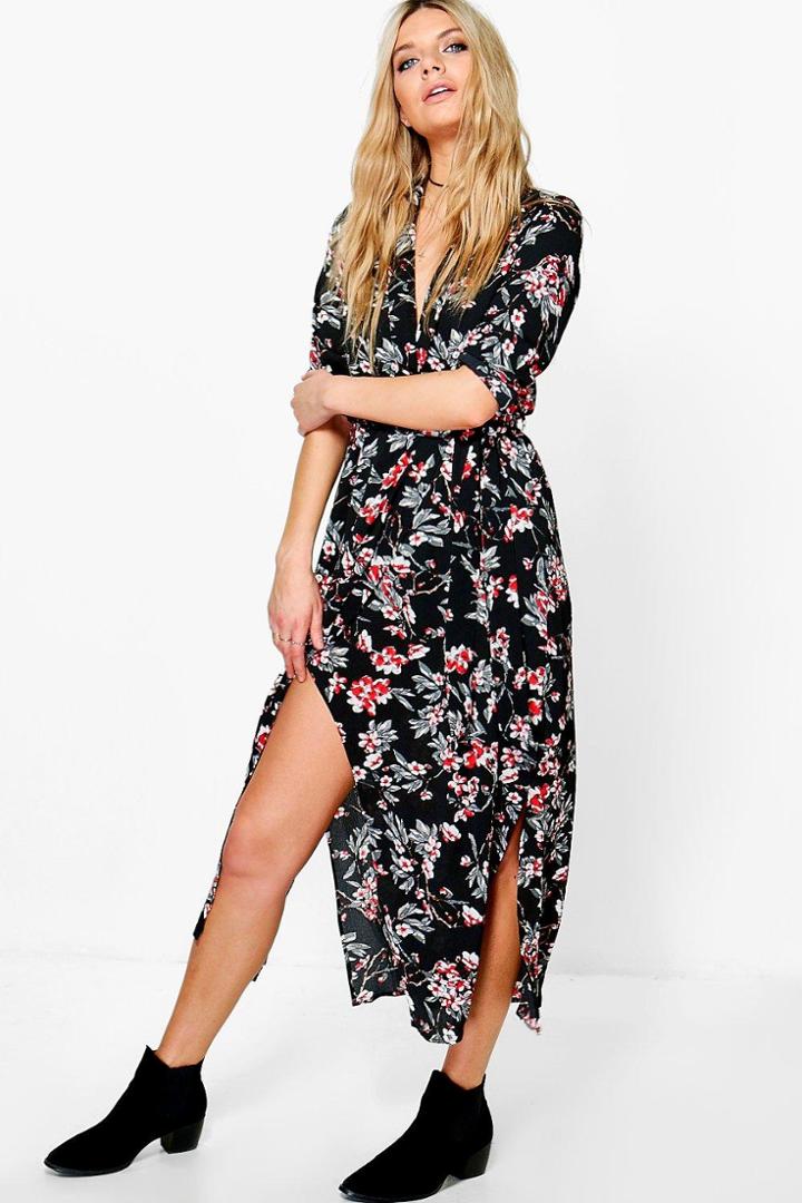 Boohoo Annora Floral Wrap Maxi Dress Black