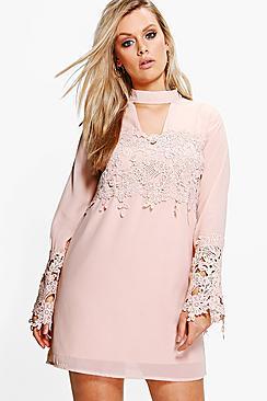 Boohoo Plus Eva Choker Detail Crochet Shirt Dress