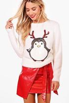 Boohoo Ella Sequin Tinsel Yarn Penguin Christmas Jumper