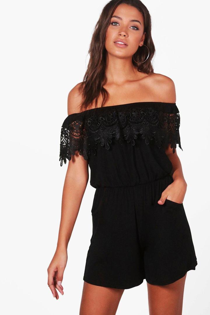 Boohoo Tall Esme Off Shoulder Crochet Trim Playsuit Black