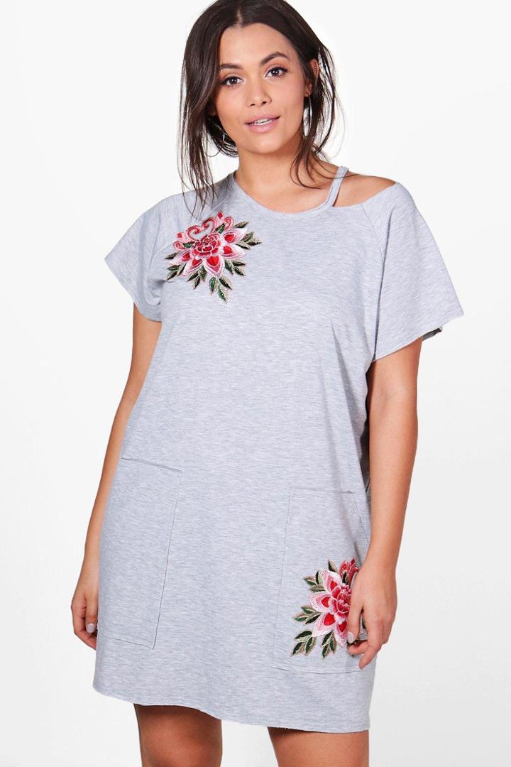 Boohoo Plus Abbi Floral Applique Sweat Dress Grey