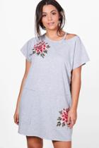 Boohoo Plus Abbi Floral Applique Sweat Dress Grey