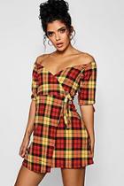 Boohoo Bright Check Off The Shoulder Wrap Dress