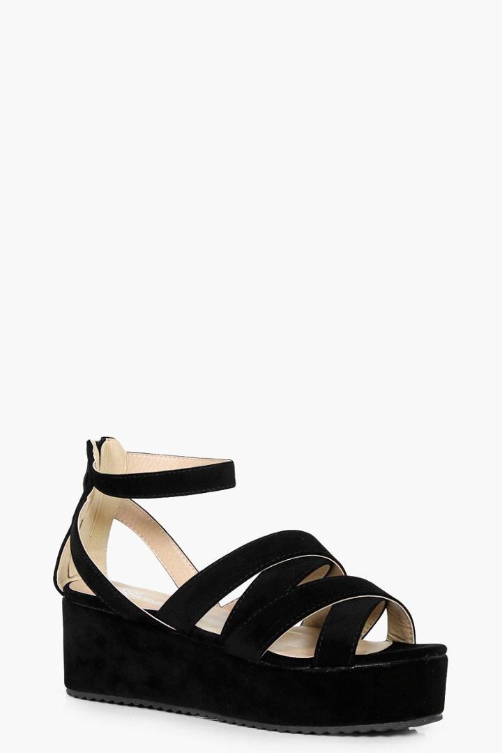 Boohoo Jasmine Cross Strap Flat Form Wedges Black