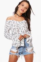 Boohoo Alice Paisley Flare Sleeve Bardot Shirt White