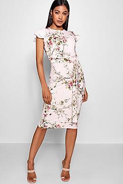 Boohoo Kirsty Floral Tie Waist Ruffle Detai Midi Dress