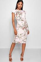 Boohoo Kirsty Floral Tie Waist Ruffle Detai Midi Dress