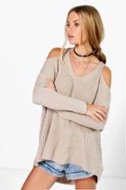 Boohoo Laura V Neck Cold Shoulder Jumper Stone