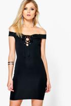 Boohoo Petite Liv Off The Shoulder Lace Up Detail Bodycon Black