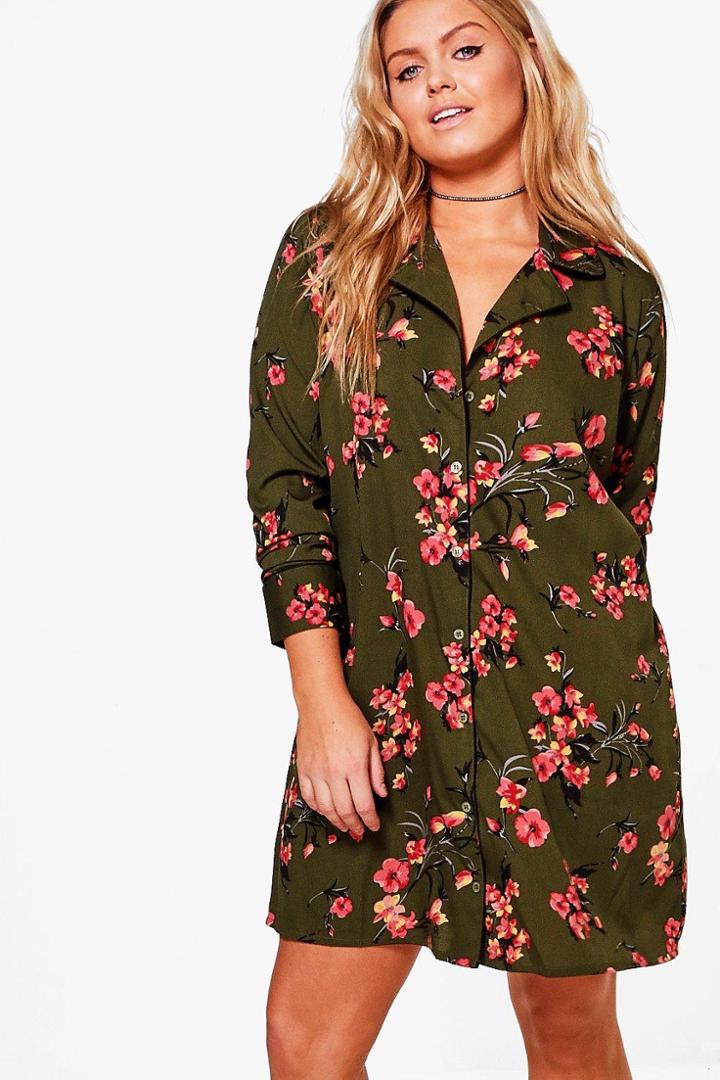 Boohoo Plus Eleanor Floral Oriental Printed Shirt Dress Khaki