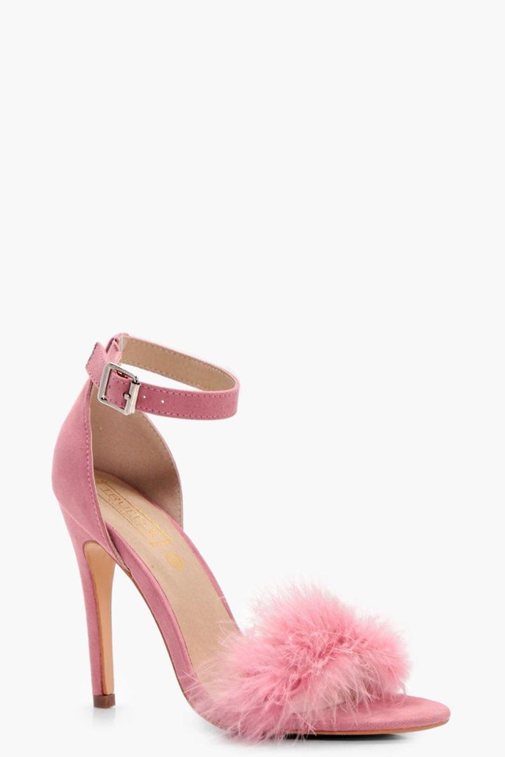 Boohoo Megan Feathered Trim Two Part Heel Blush