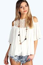 Boohoo Elsa Lace Insert Cold Shoulder Pleated Smock Top White