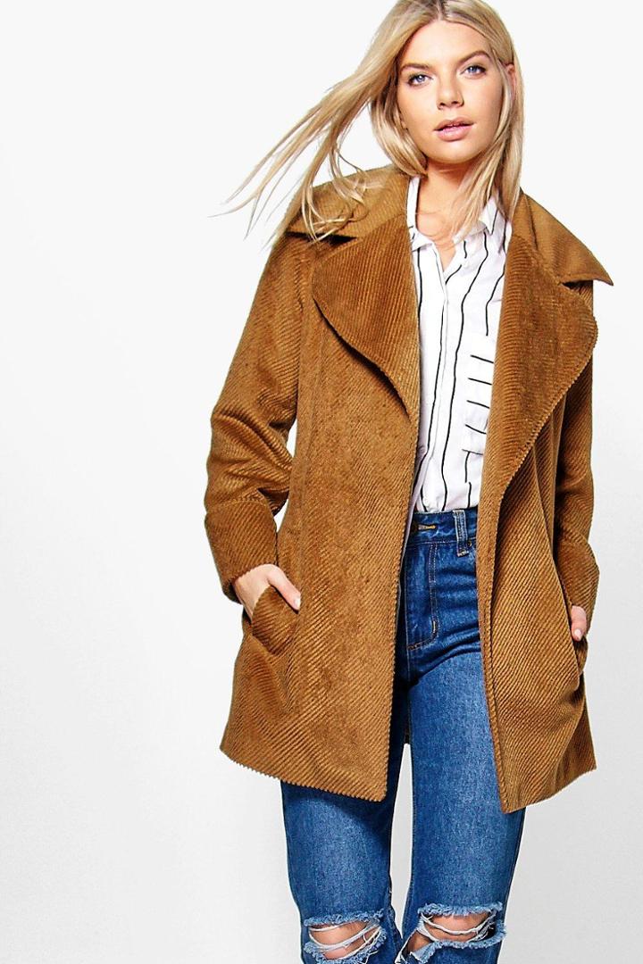 Boohoo Hollie Rib Wool Belted Robe Coat Camel