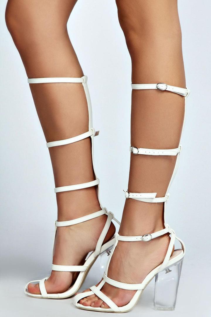 Boohoo Rebecca Knee High Perspex Heel Gladiator - White