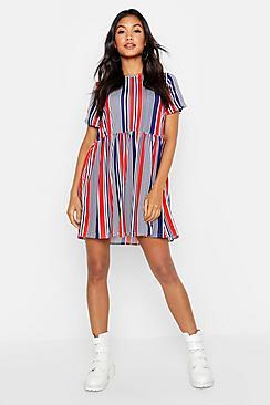 Boohoo Nautical Stripe Gathered Waist Smock Dress